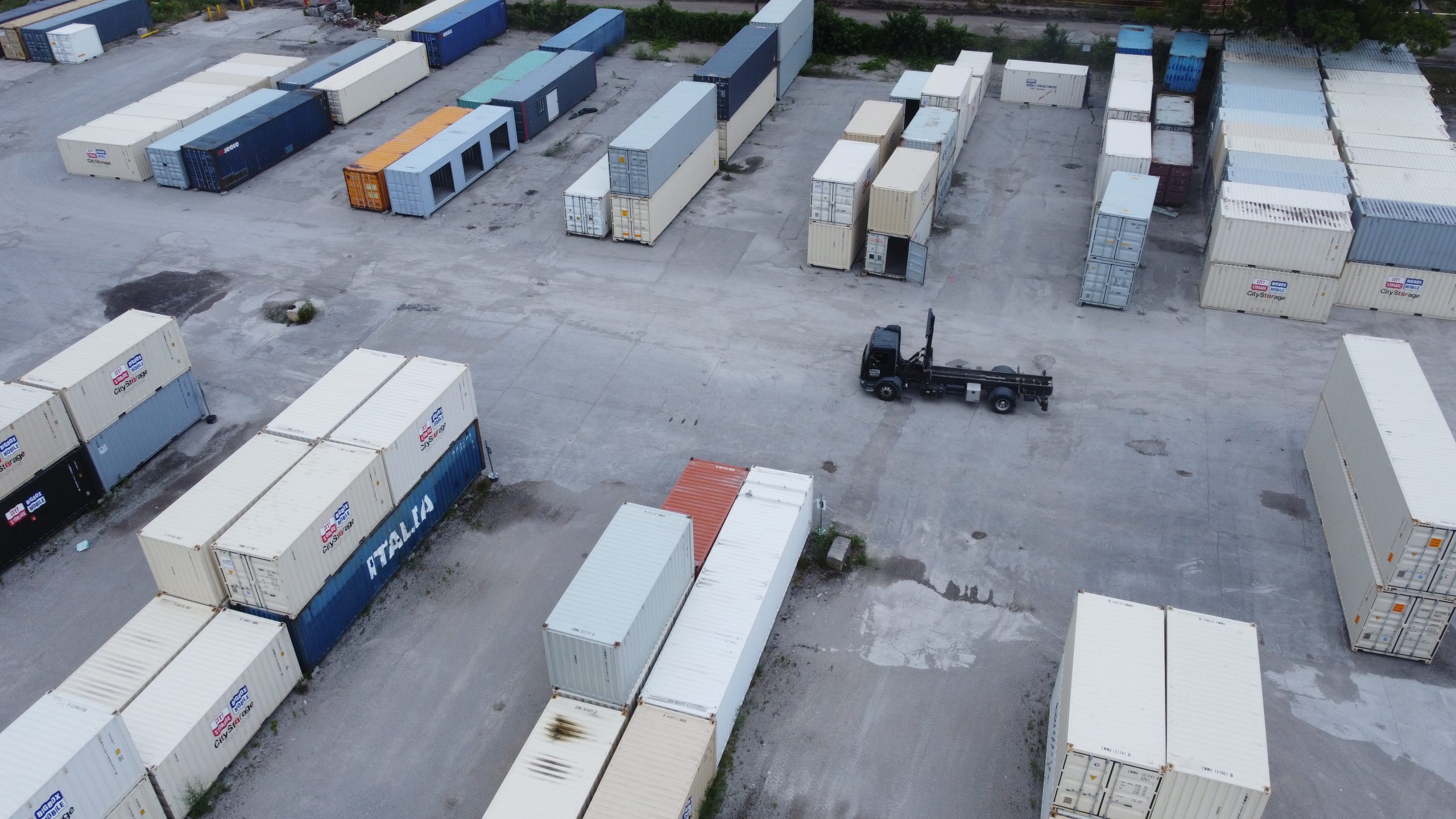 Aerial shot of mobile storage containers for sale