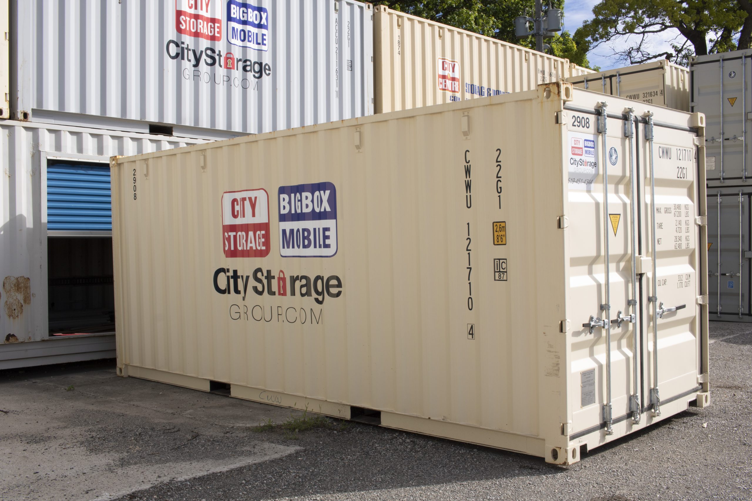 shipping containers used for storage at Big Box Mobile lot in London, Ontario