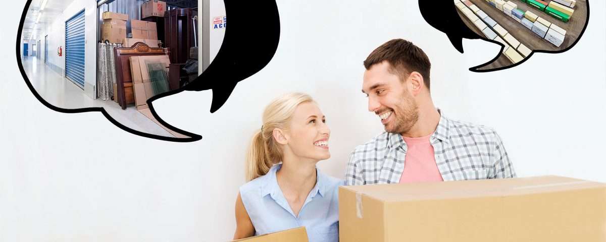 couple holding box with thought bubbles of two options including self storage and mobile storage