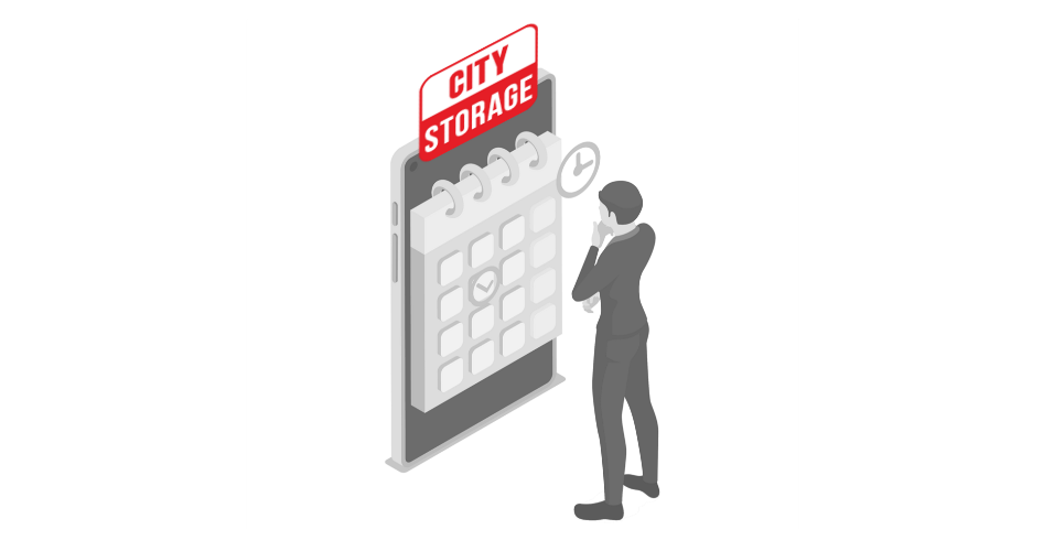 graphc illustration of person looking at calendar to choose date for storage rental