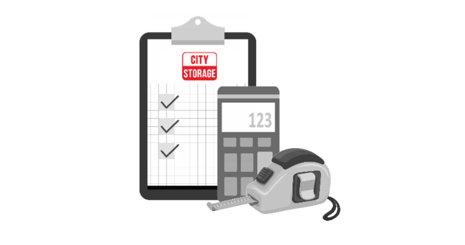 graphic illustration of choosing the size of storage unit needed with clipboard of checkmarks, calculator and measuring tape