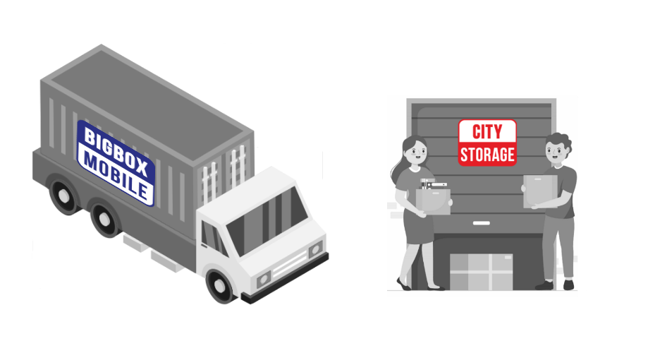 graphic illustrating choosing between mobile portable storage for moving or self storage facility