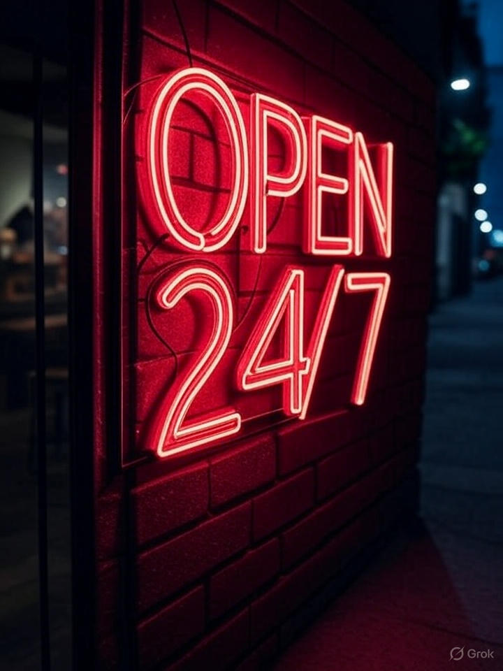 This is a neon sign that says open 24/7.